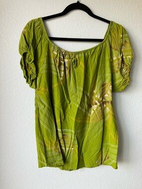 Womens Olive Green Puff Sleeve Peasant Top Tropical Vacation